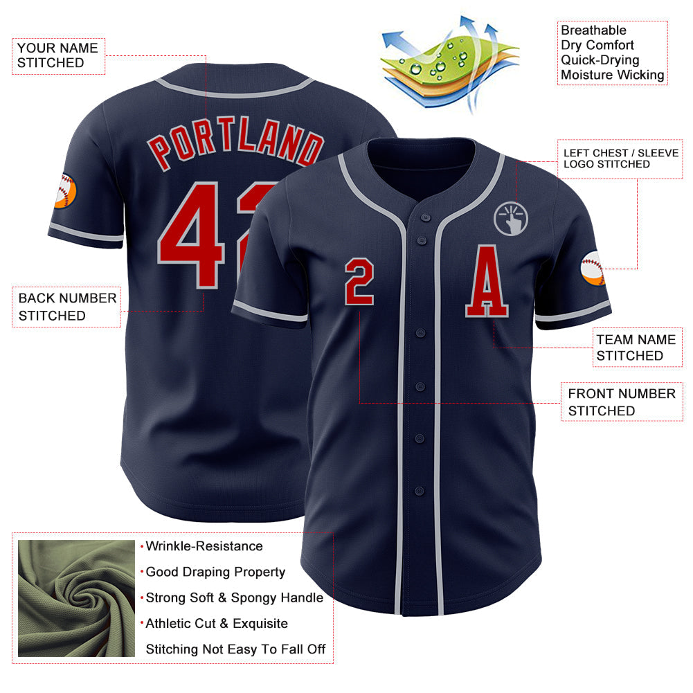 Custom Navy Red-Gray Authentic Baseball Jersey view 2