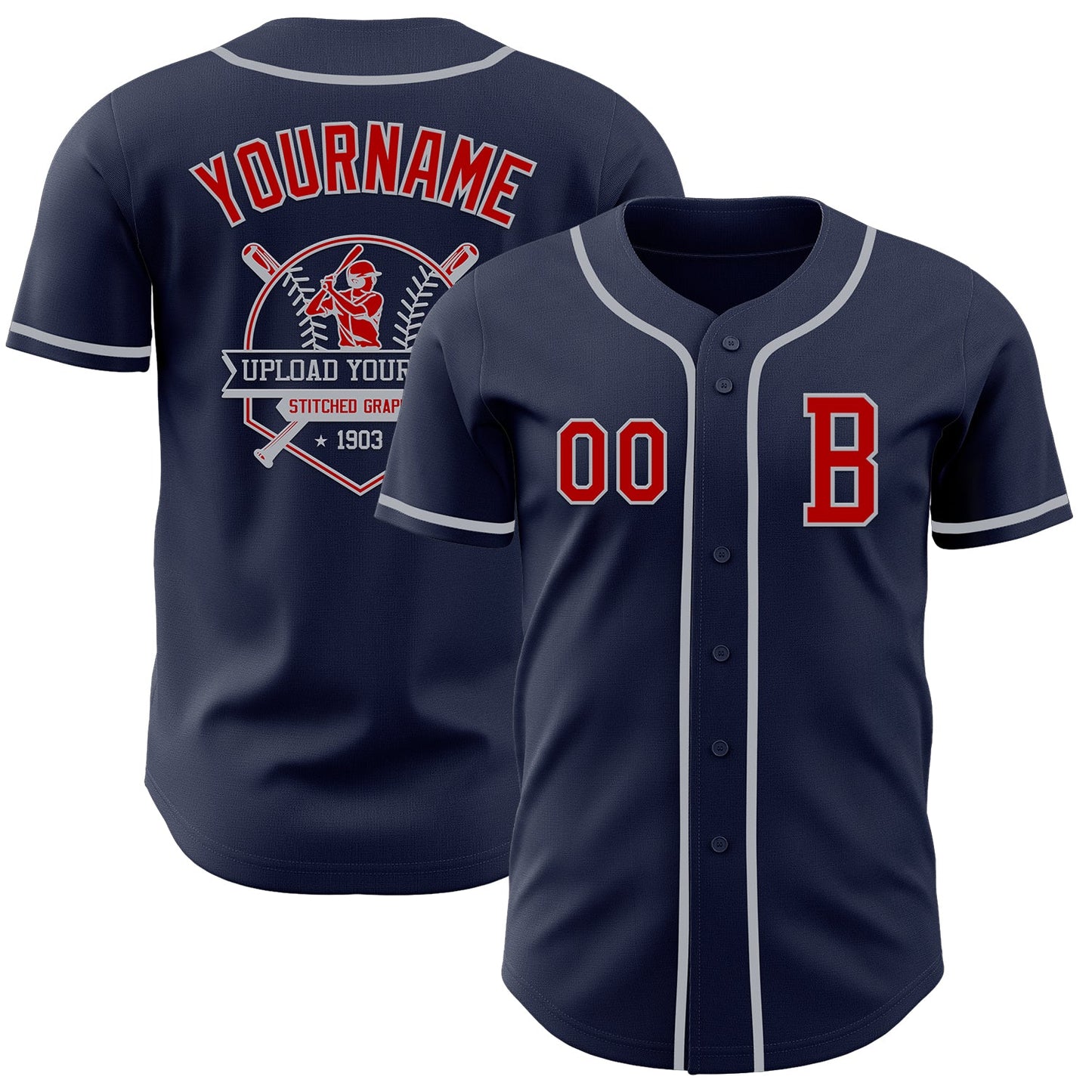 Custom Navy Red-Gray Authentic Baseball Jersey view 5