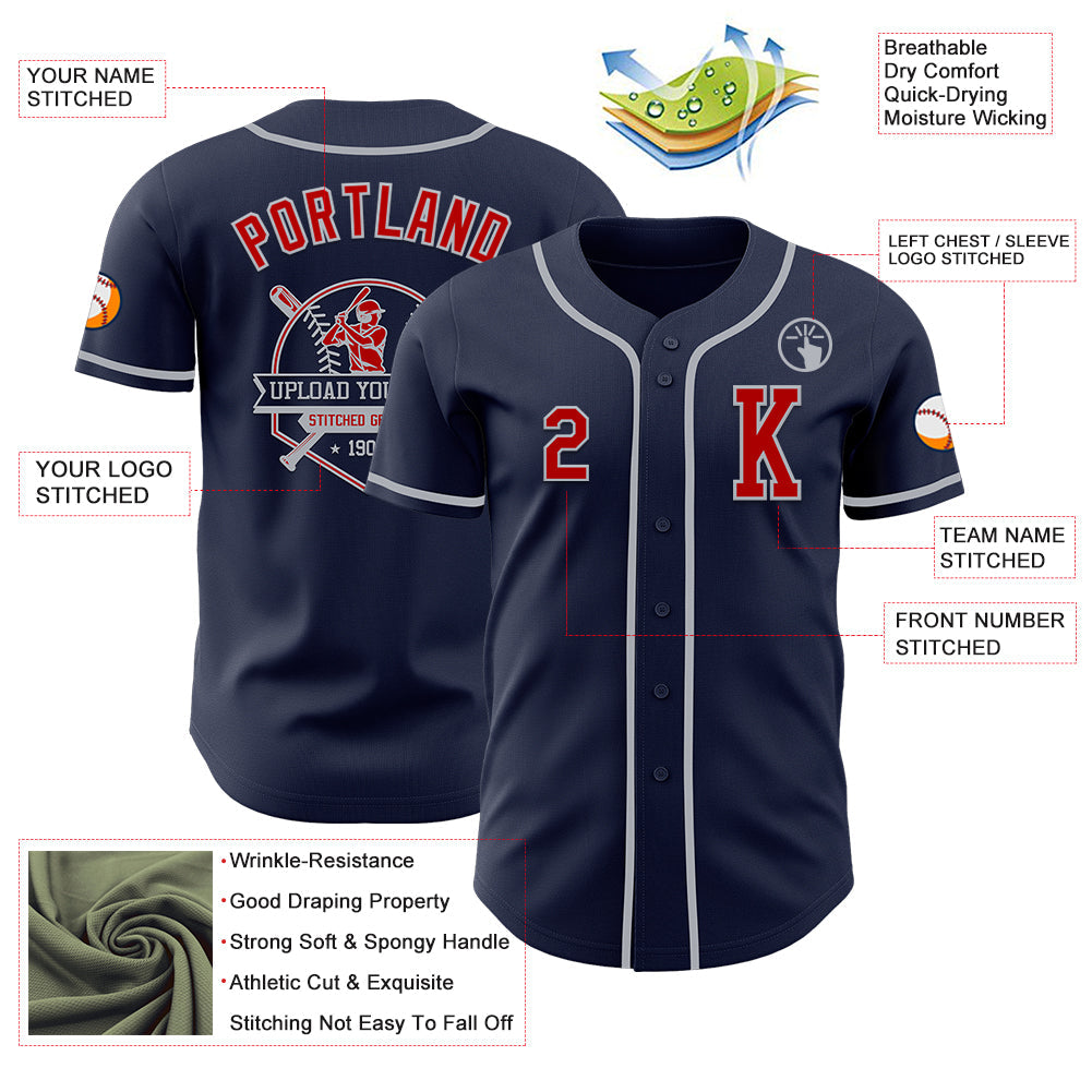 Custom Navy Red-Gray Authentic Baseball Jersey view 6