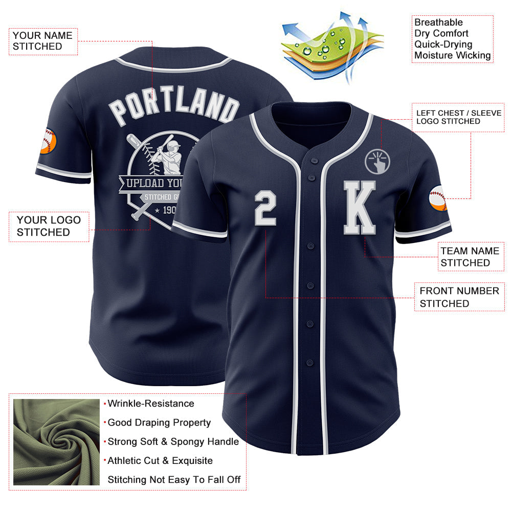 Custom Navy White-Gray Authentic Baseball Jersey view 6