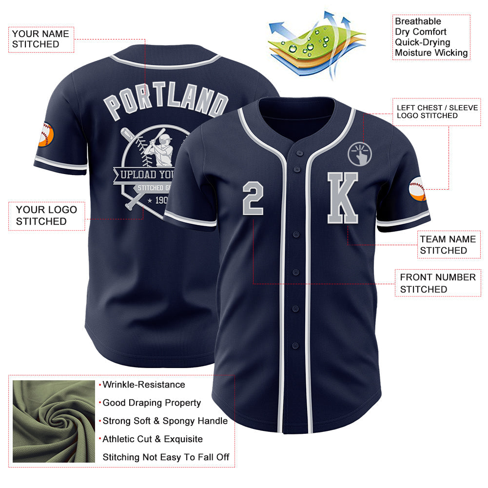 Custom Navy Gray-White Authentic Baseball Jersey view 6