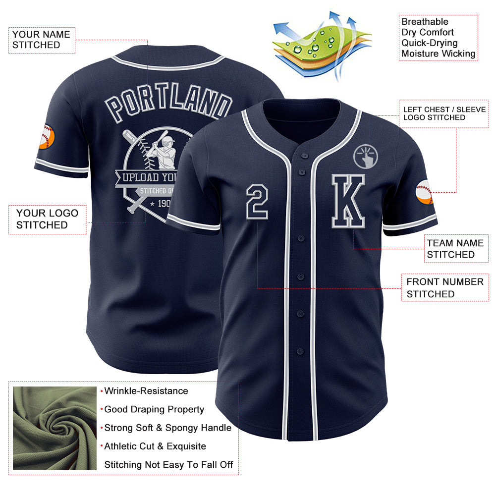 Custom Navy White-Gray Authentic Baseball Jersey view 6