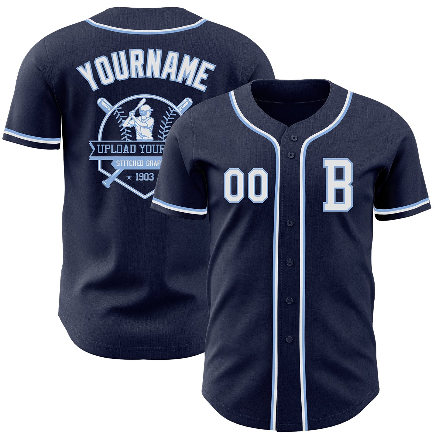 Custom Navy White-Light Blue Authentic Baseball Jersey view 5