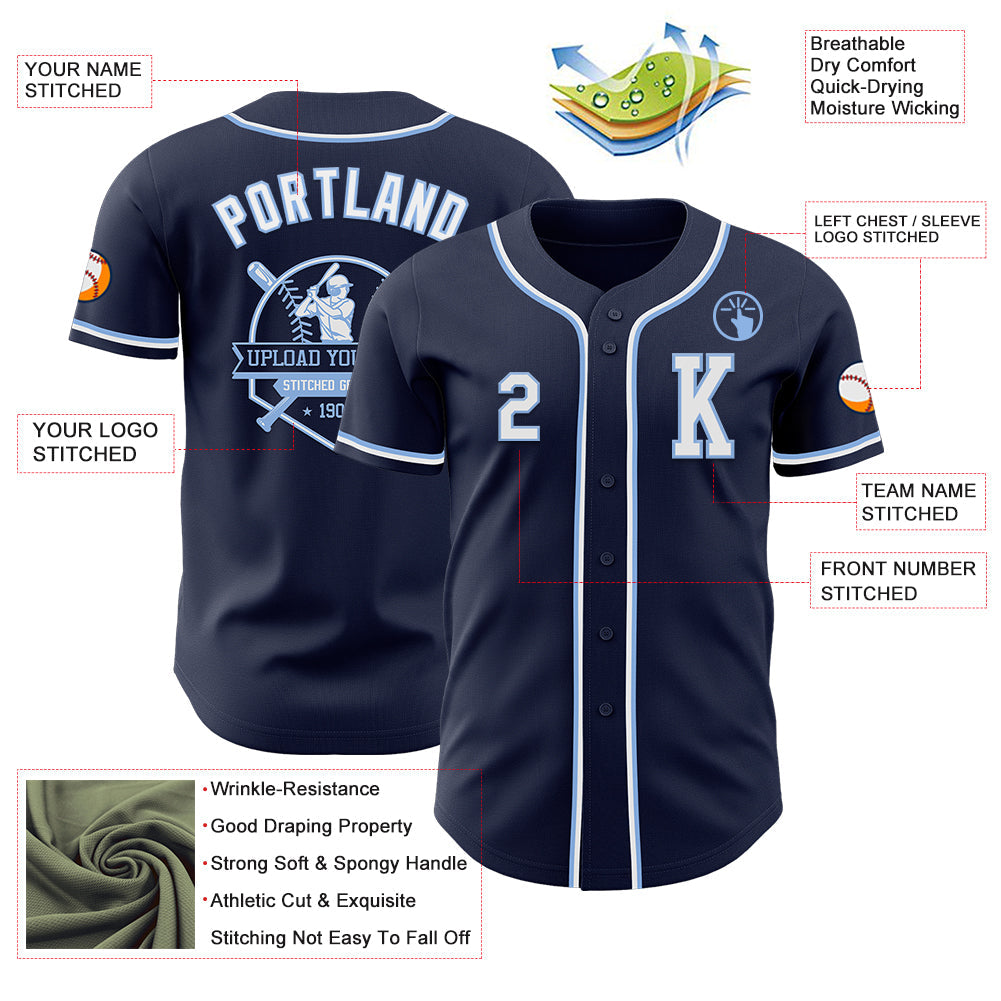 Custom Navy White-Light Blue Authentic Baseball Jersey view 6
