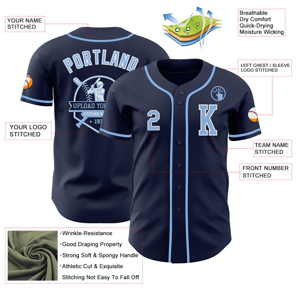 Custom Navy Light Blue-White Authentic Baseball Jersey view 6