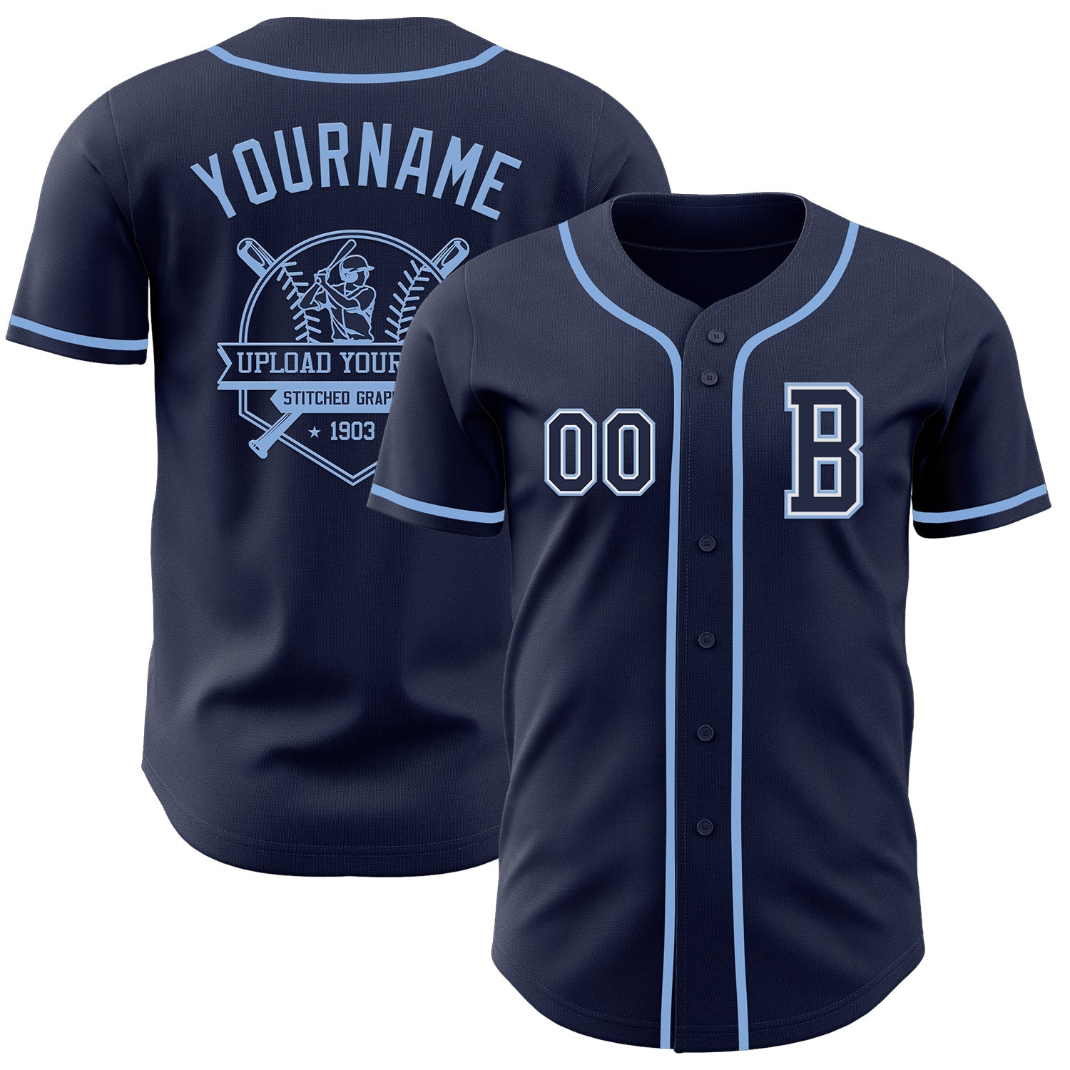Custom Navy White-Light Blue Authentic Baseball Jersey view 5