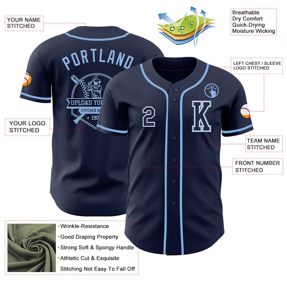Custom Navy White-Light Blue Authentic Baseball Jersey view 6