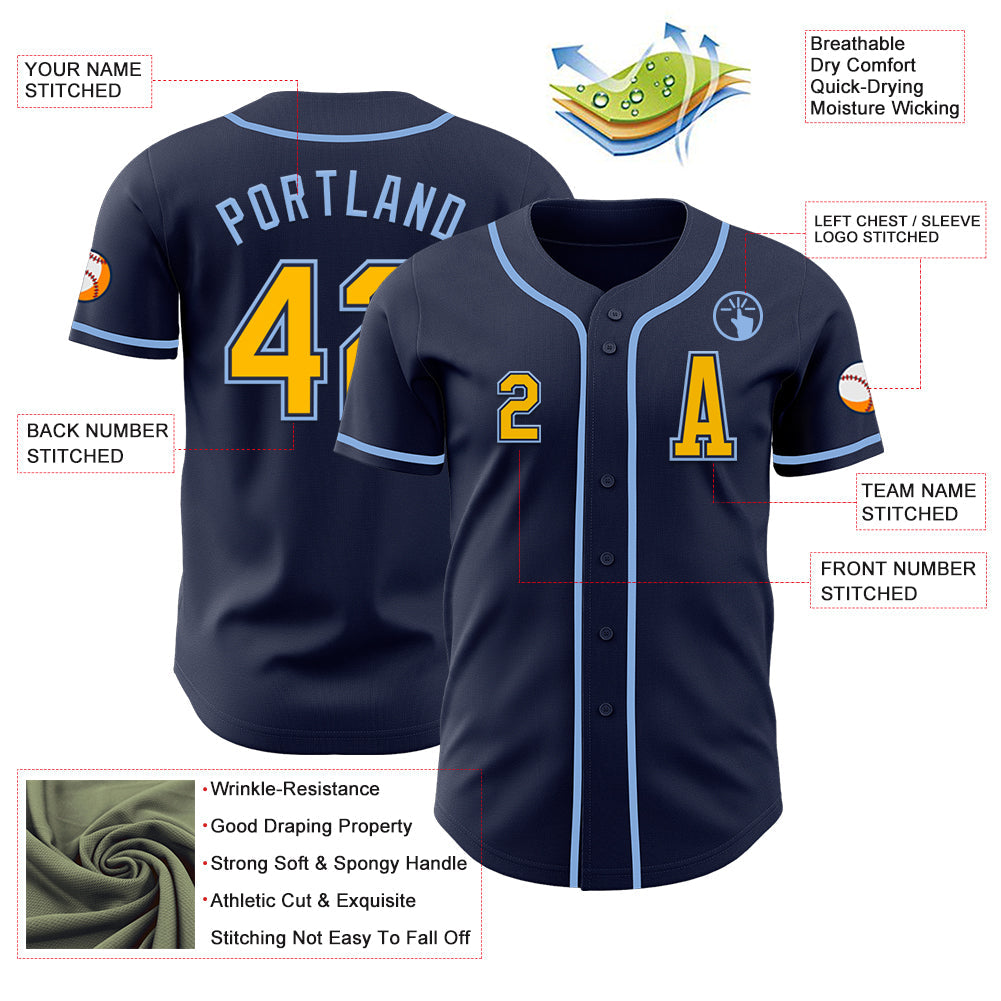Custom Navy Gold-Light Blue Authentic Baseball Jersey view 2