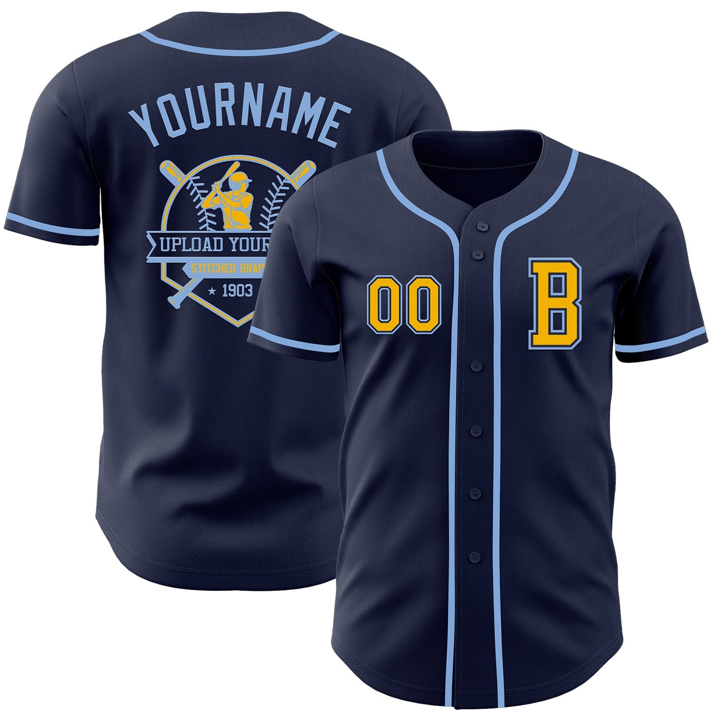 Custom Navy Gold-Light Blue Authentic Baseball Jersey view 5
