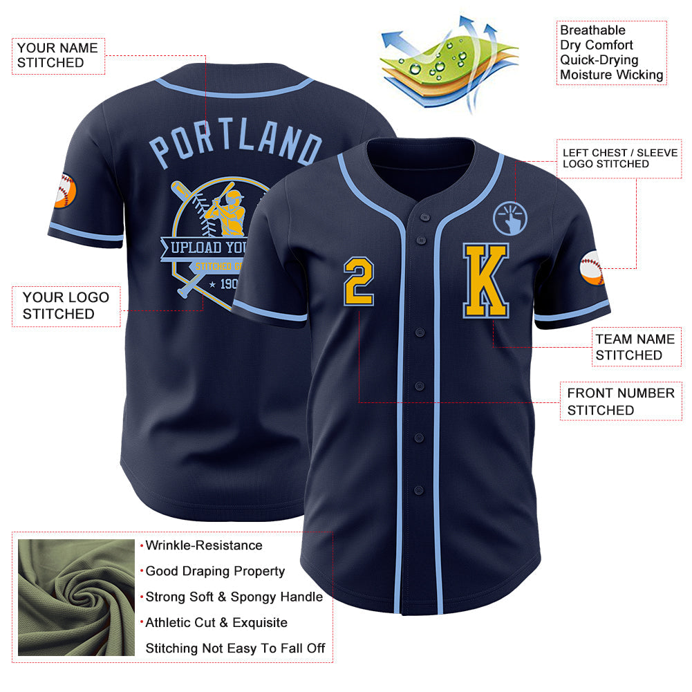 Custom Navy Gold-Light Blue Authentic Baseball Jersey view 6