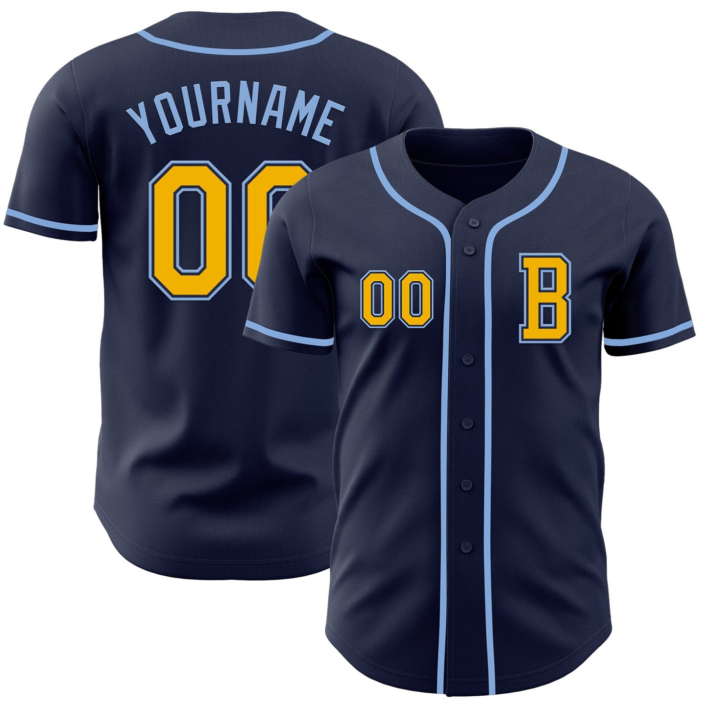 Custom Navy Gold-Light Blue Authentic Baseball Jersey - Main View