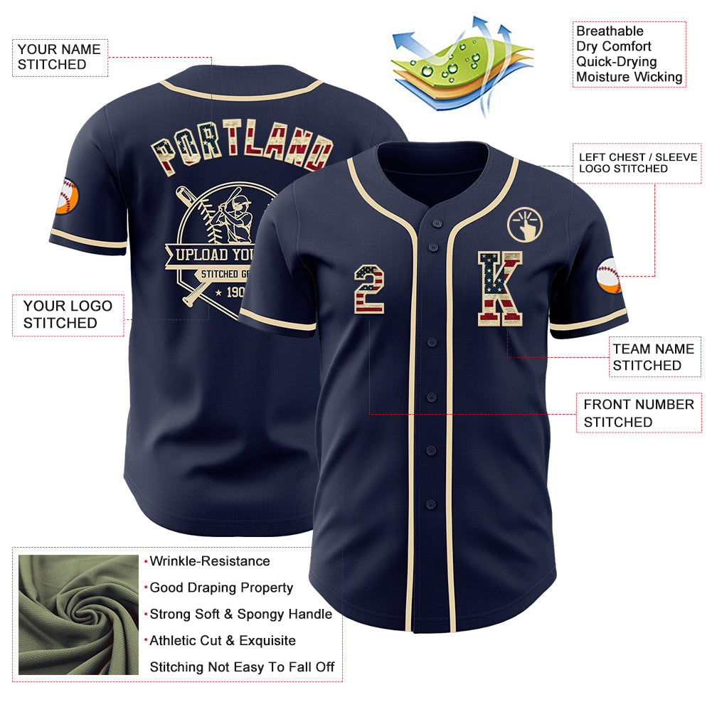 Custom Navy Vintage USA Flag-Cream Authentic Baseball Jersey view 6