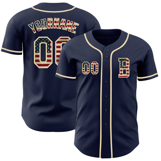Custom Navy Vintage USA Flag-Cream Authentic Baseball Jersey - Main View