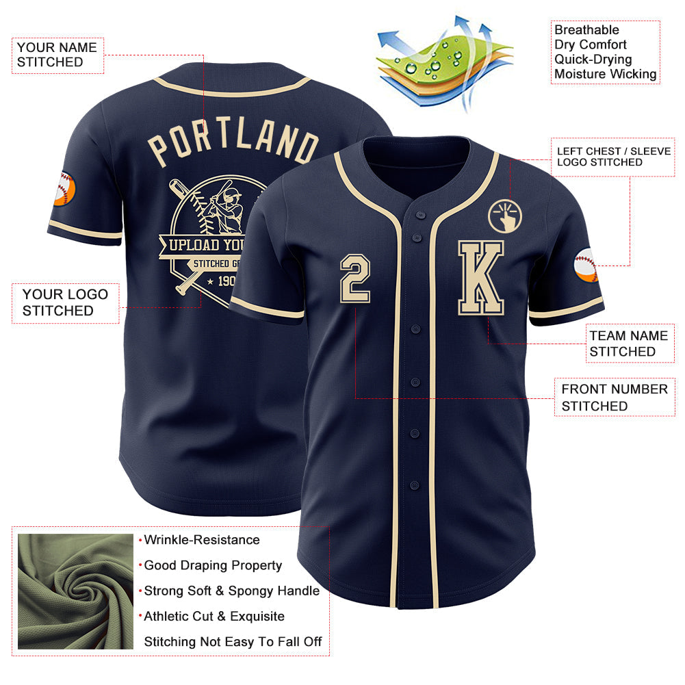 Custom Navy Cream Authentic Baseball Jersey view 6
