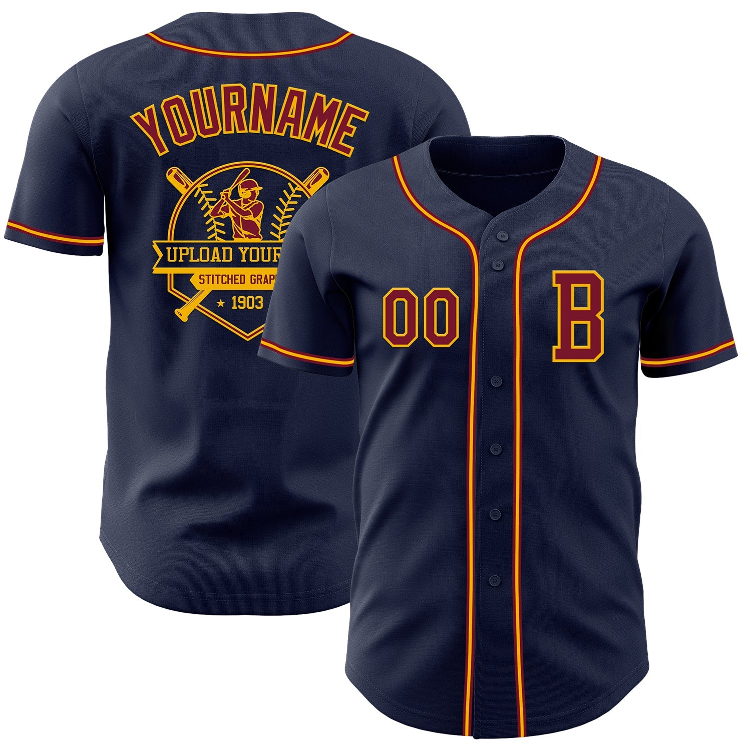 Custom Navy Crimson-Gold Authentic Baseball Jersey view 5