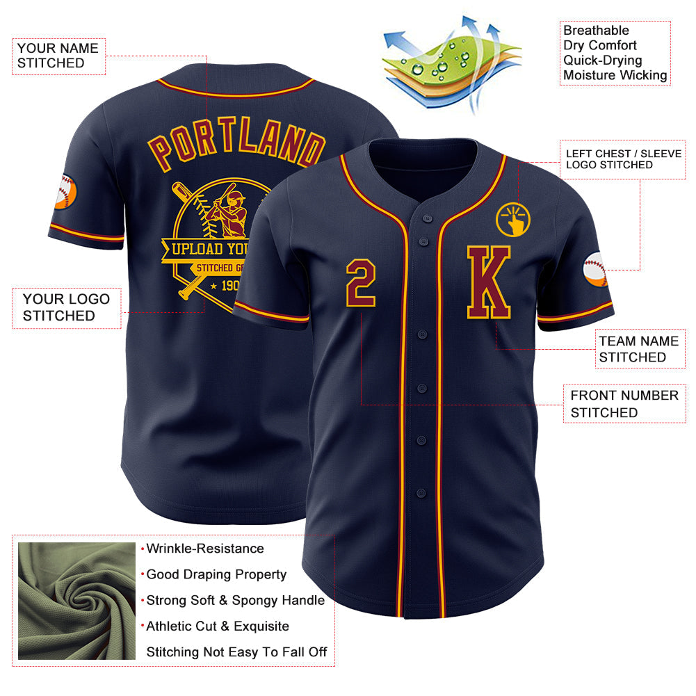 Custom Navy Crimson-Gold Authentic Baseball Jersey view 6
