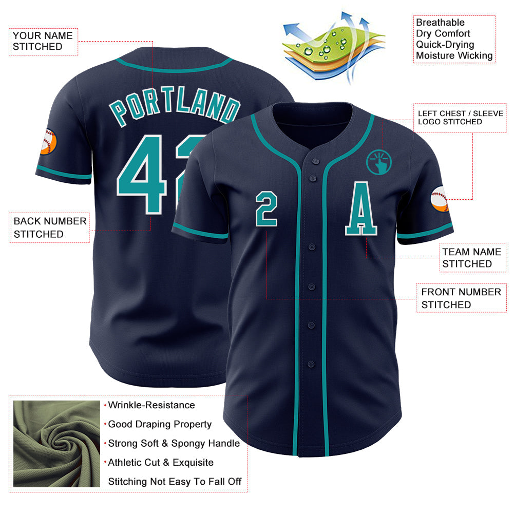 Custom Navy Teal-White Authentic Baseball Jersey view 2