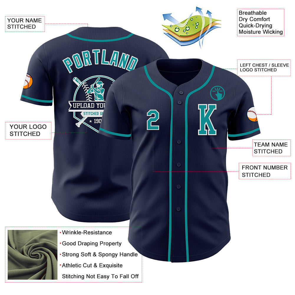 Custom Navy Teal-White Authentic Baseball Jersey view 6