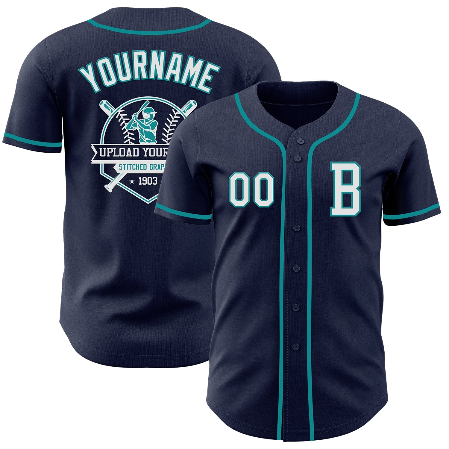 Custom Navy White-Teal Authentic Baseball Jersey view 5