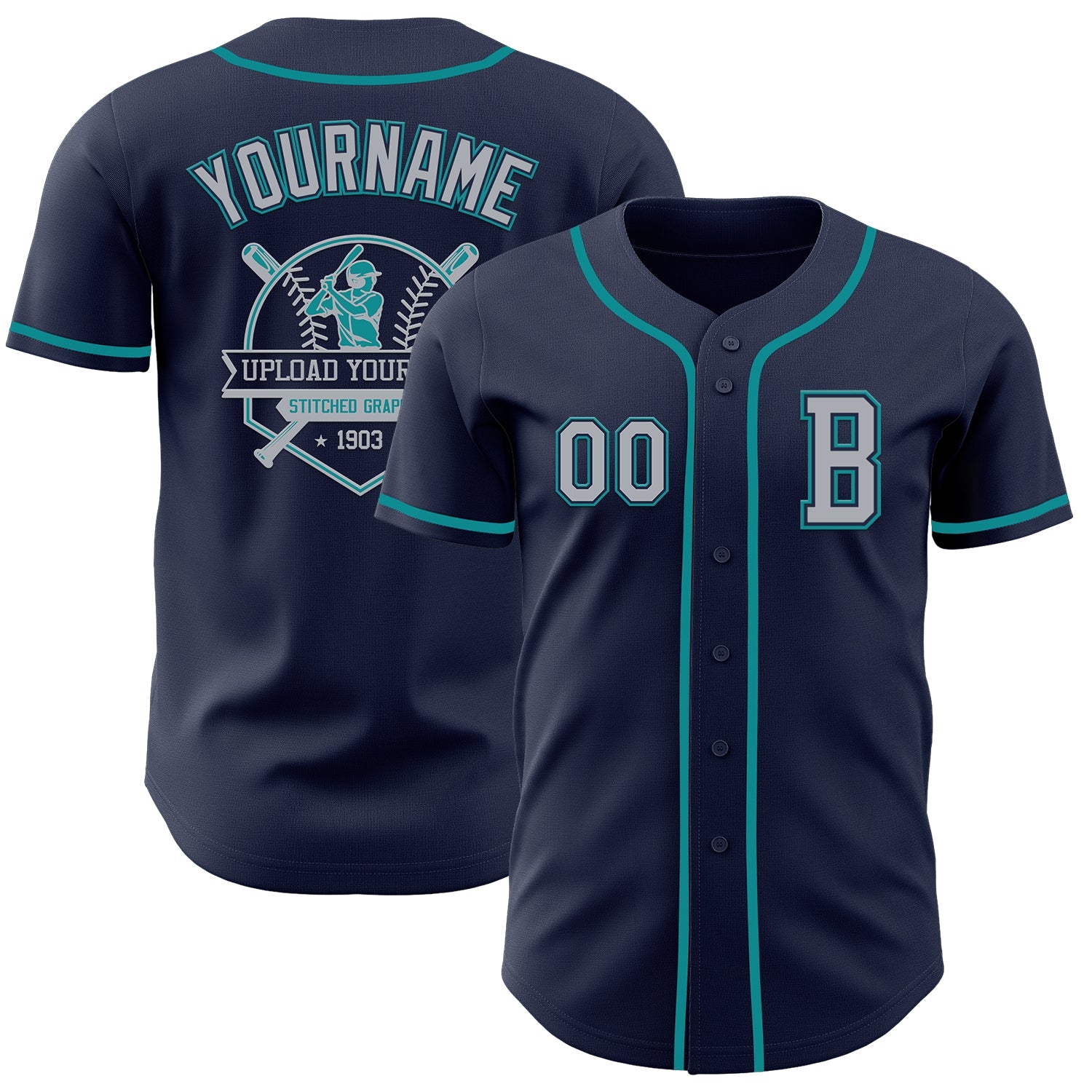 Custom Navy Gray-Teal Authentic Baseball Jersey view 5
