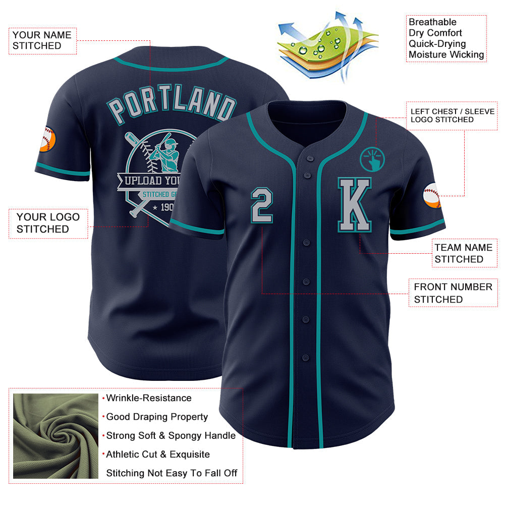 Custom Navy Gray-Teal Authentic Baseball Jersey view 6