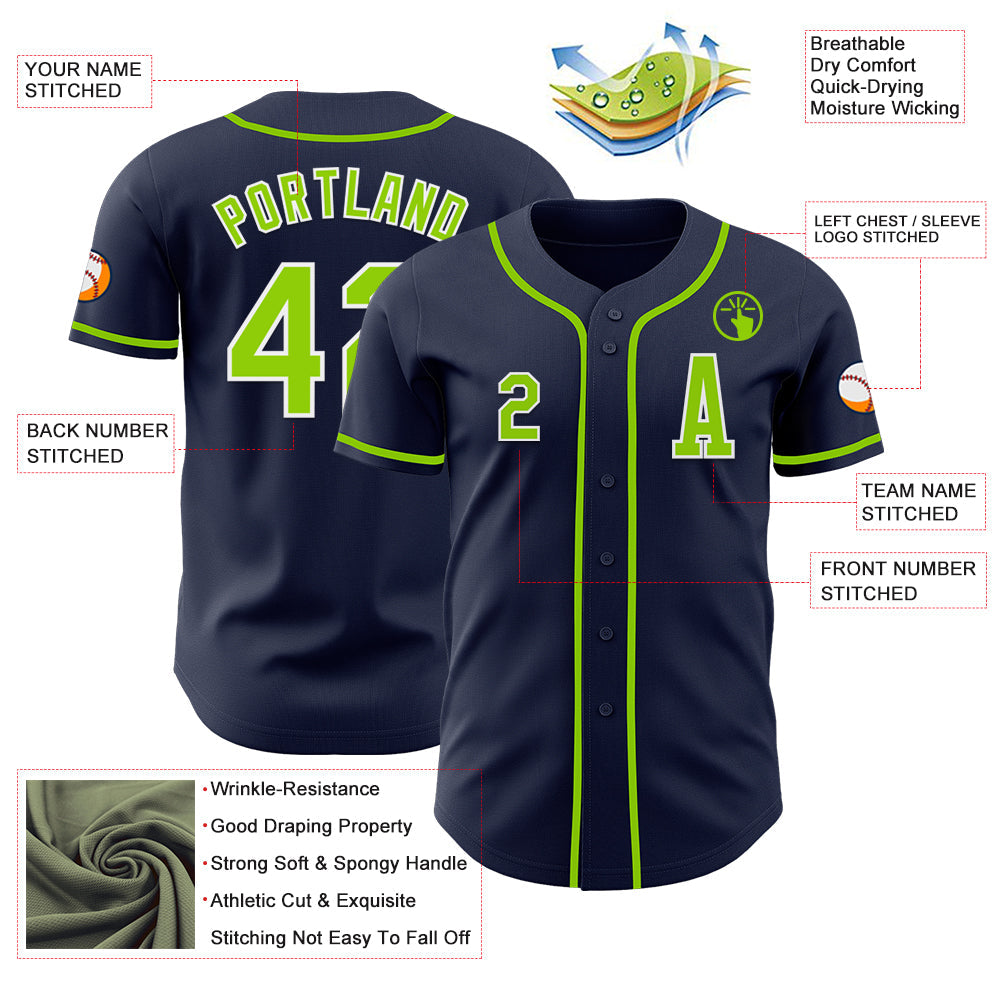Custom Navy Neon Green-White Authentic Baseball Jersey view 2