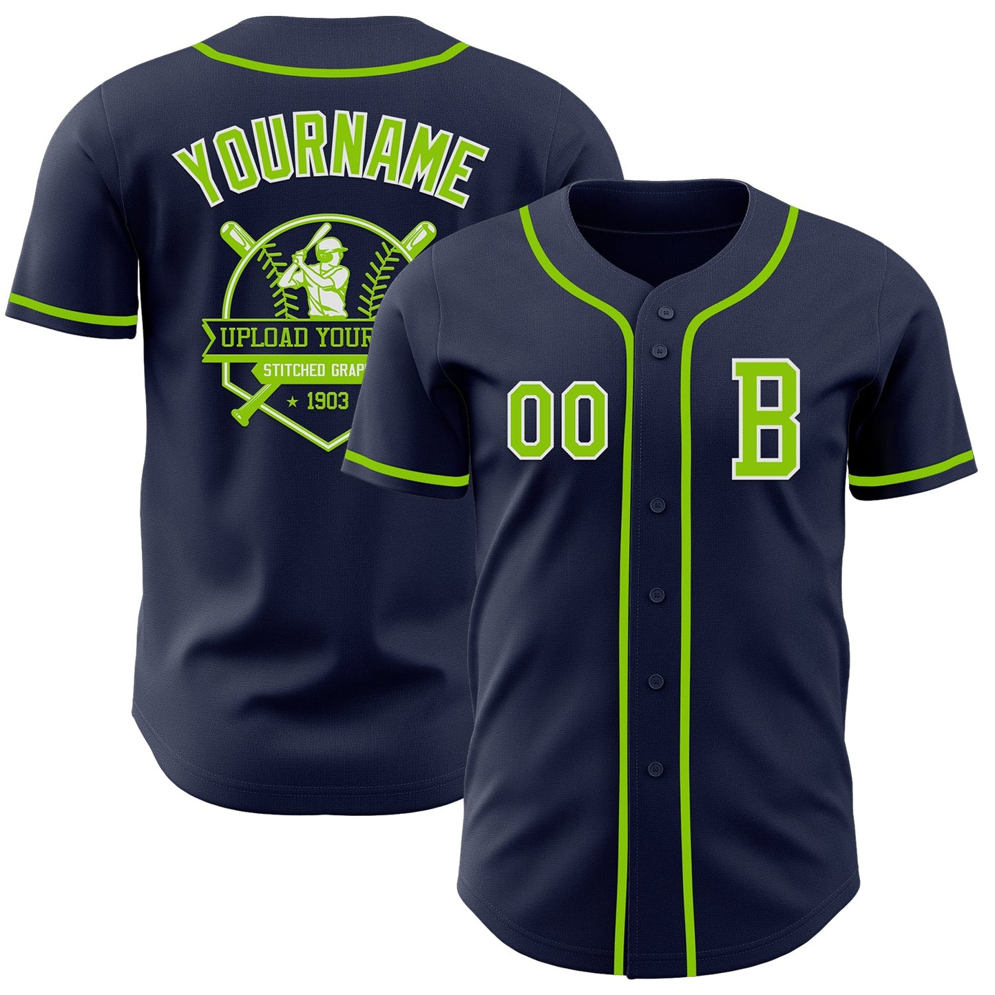 Custom Navy Neon Green-White Authentic Baseball Jersey view 5