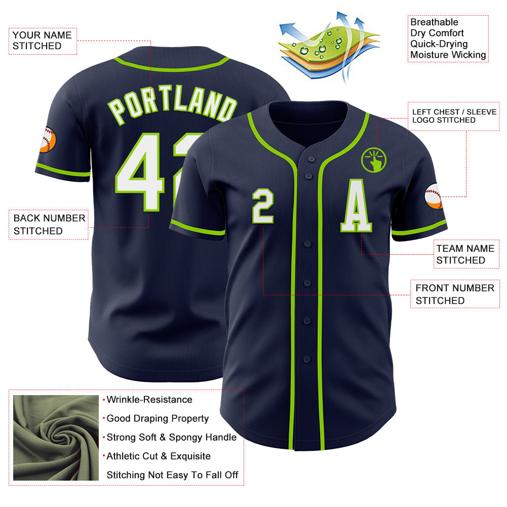 Custom Navy White-Neon Green Authentic Baseball Jersey view 2