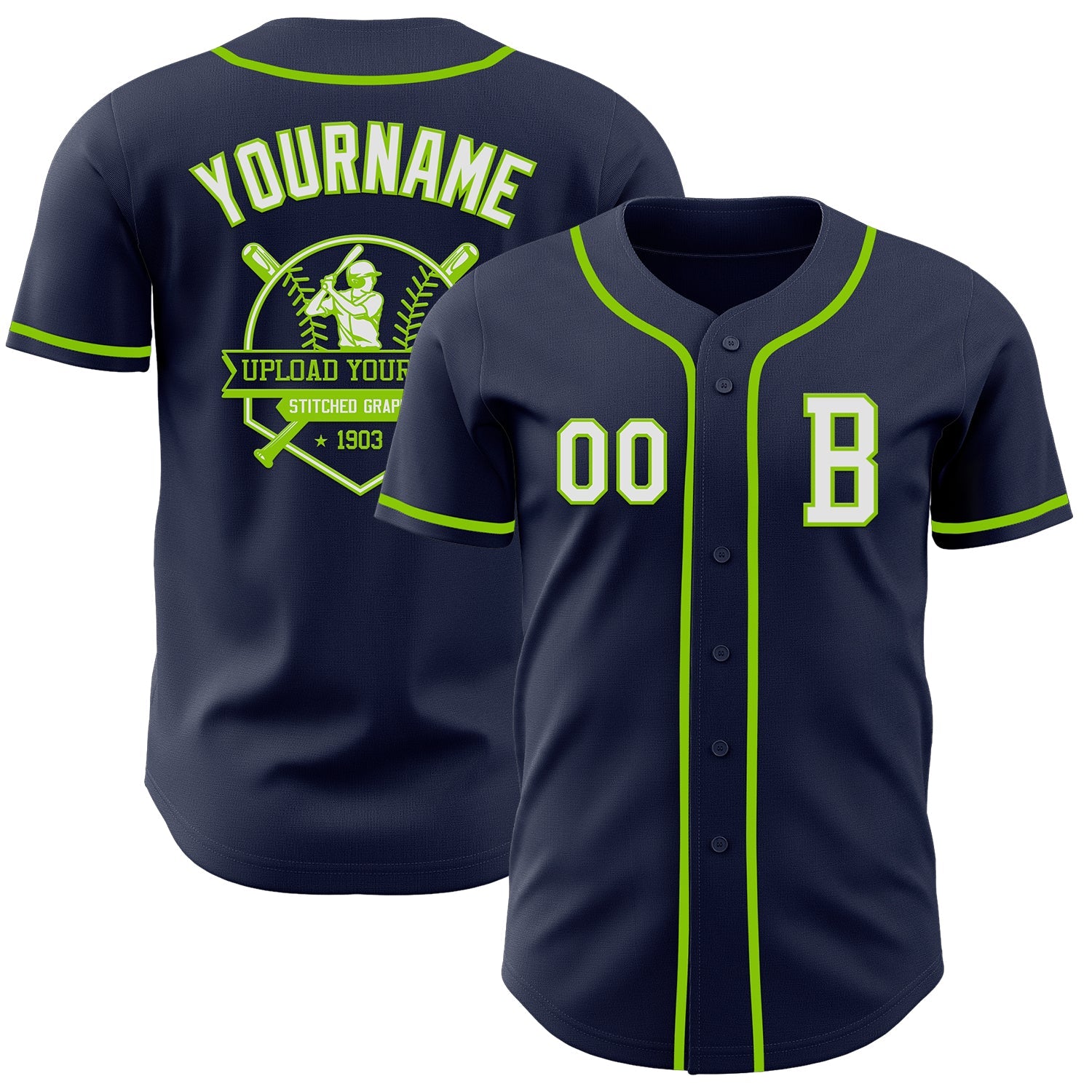 Custom Navy White-Neon Green Authentic Baseball Jersey view 5
