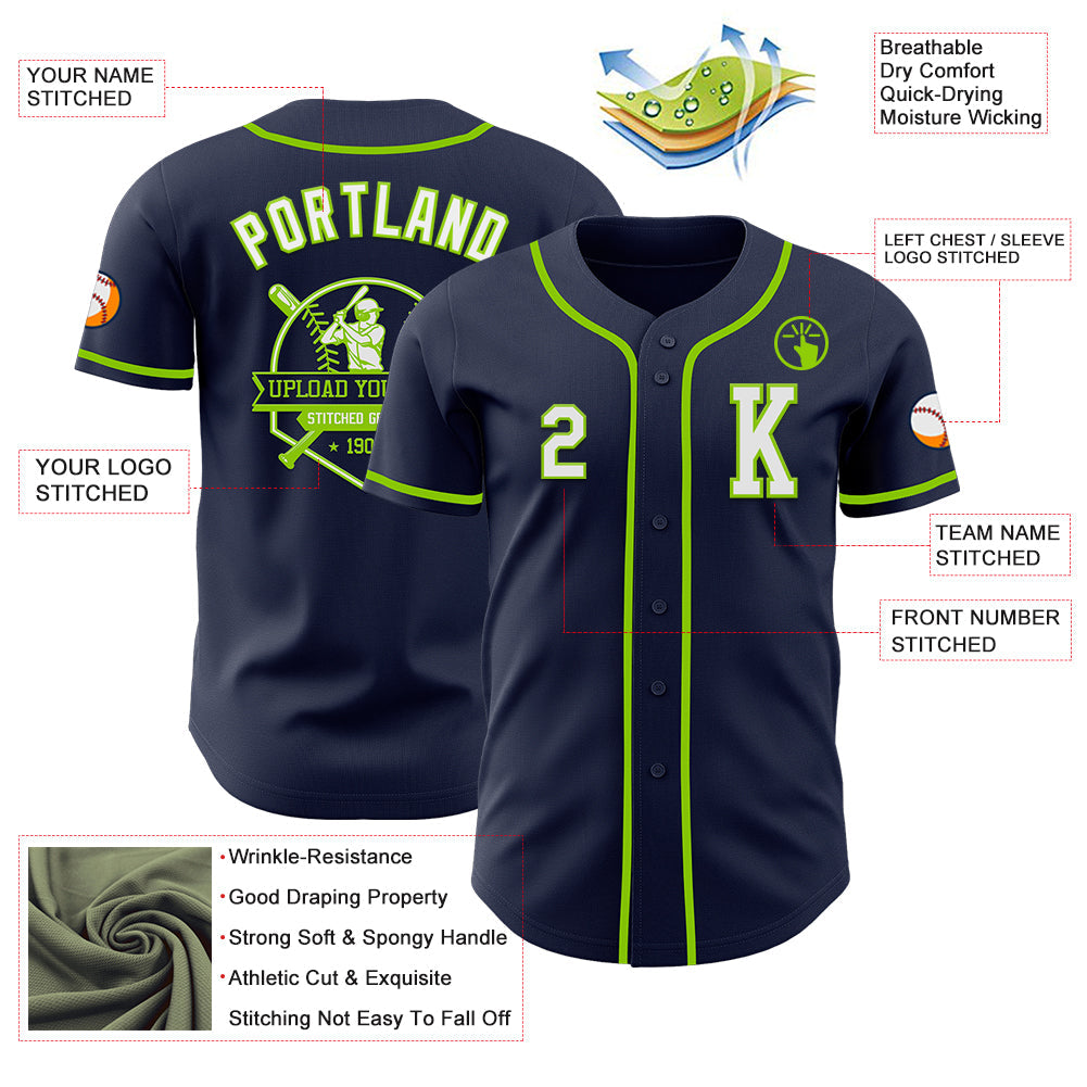 Custom Navy White-Neon Green Authentic Baseball Jersey view 6