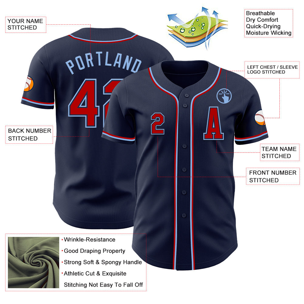 Custom Navy Red-Light Blue Authentic Baseball Jersey view 2