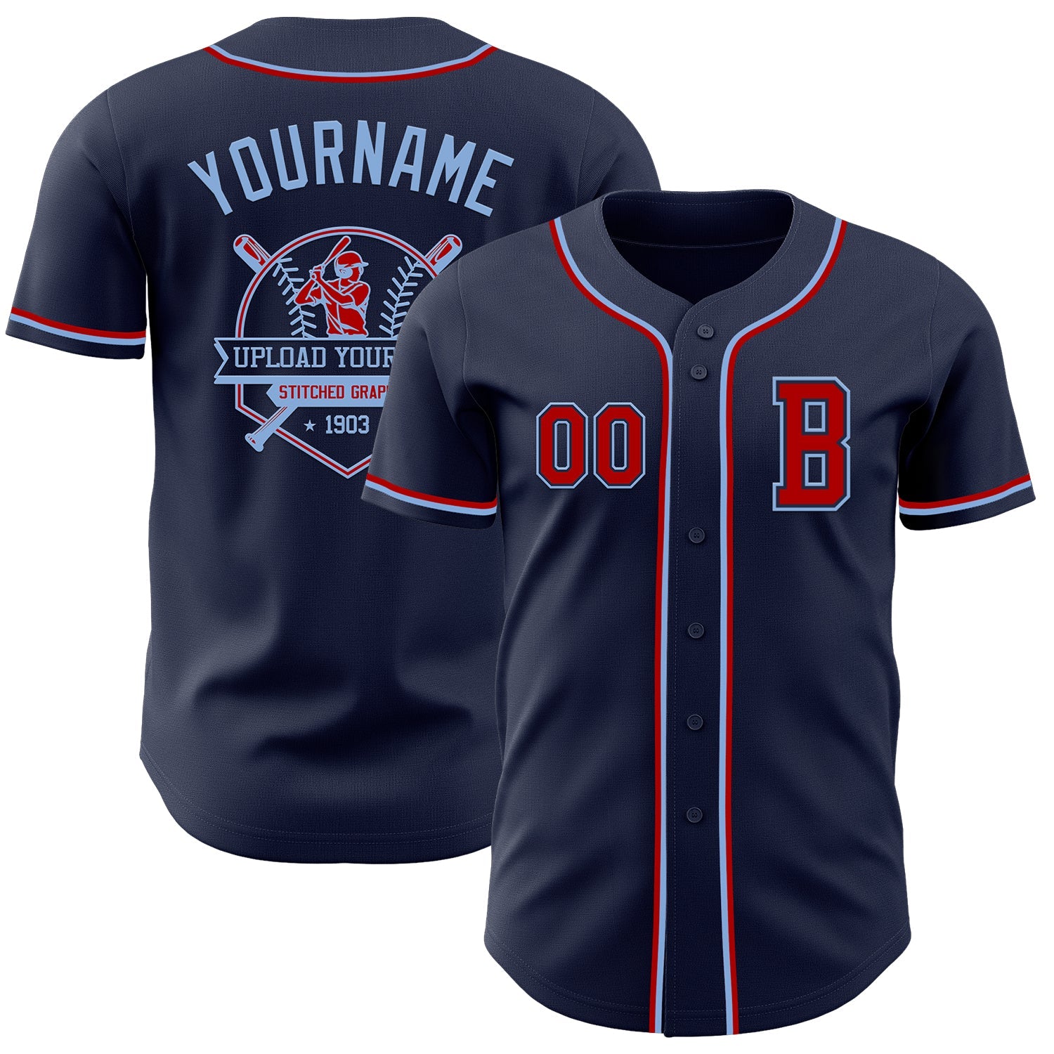 Custom Navy Red-Light Blue Authentic Baseball Jersey view 5