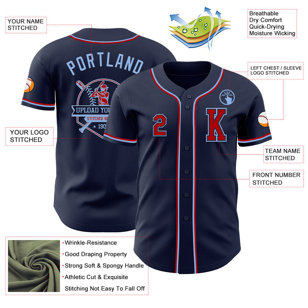 Custom Navy Red-Light Blue Authentic Baseball Jersey view 6
