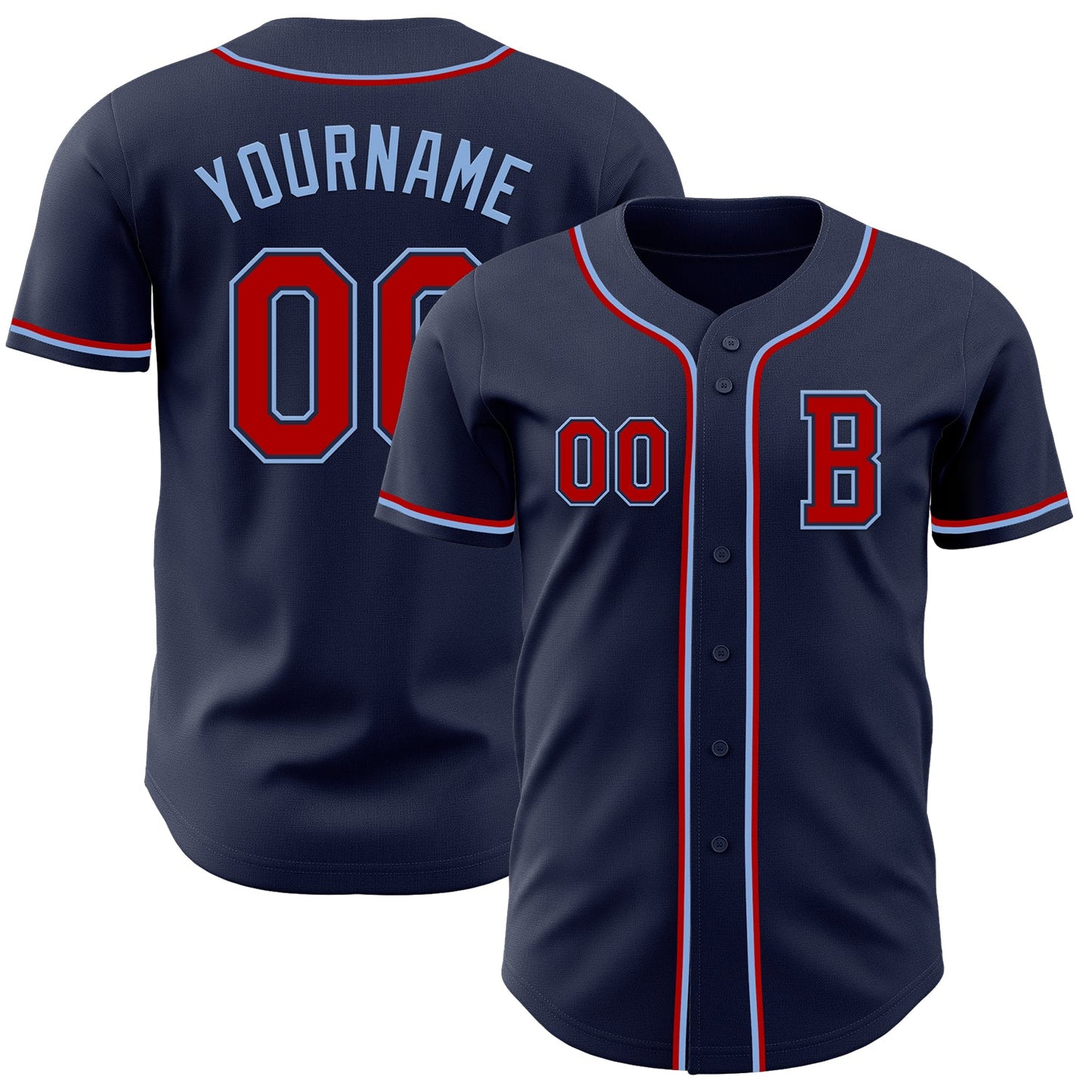 Custom Navy Red-Light Blue Authentic Baseball Jersey - Main View