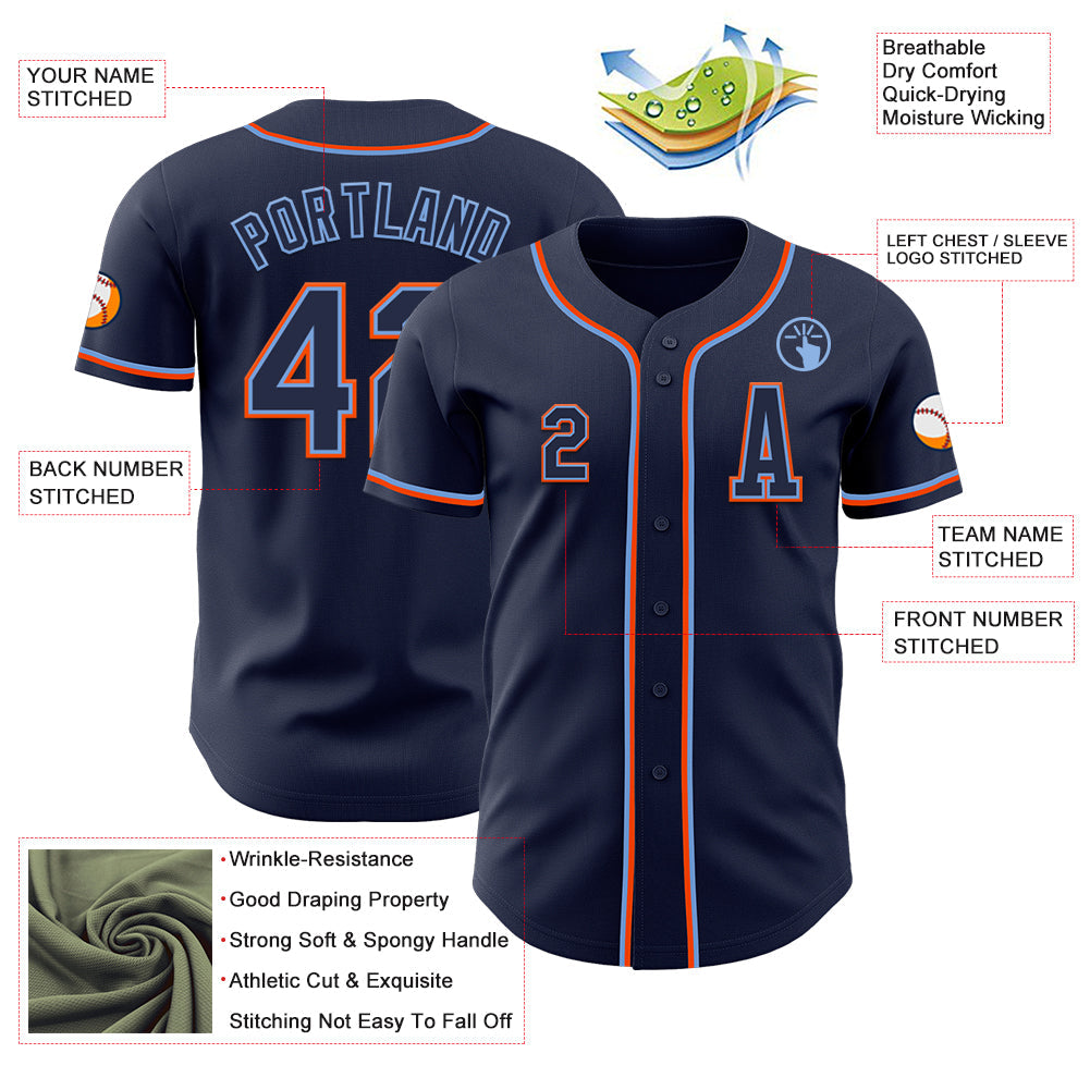 Custom Navy Powder Blue-Orange Authentic Baseball Jersey view 2