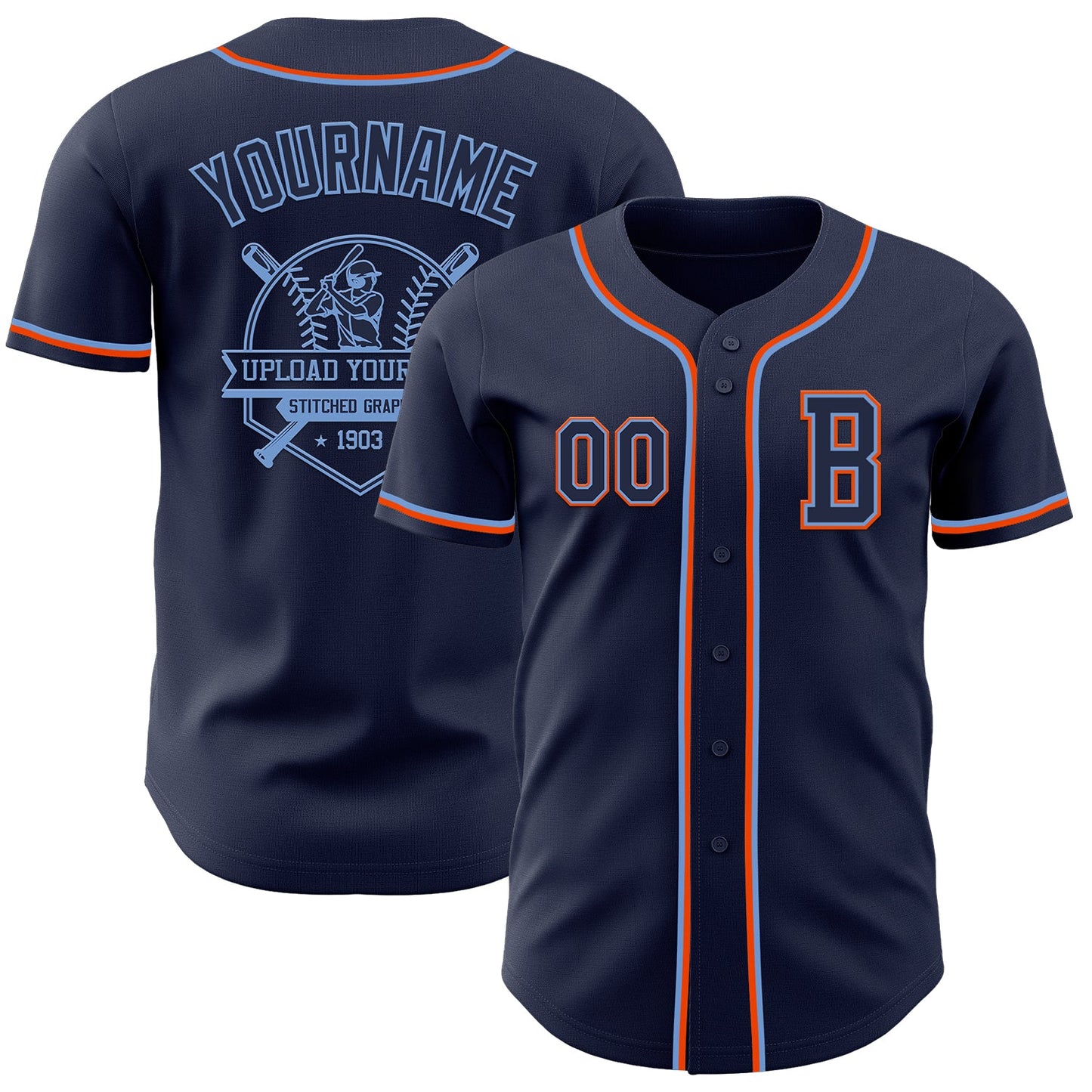 Custom Navy Powder Blue-Orange Authentic Baseball Jersey view 5