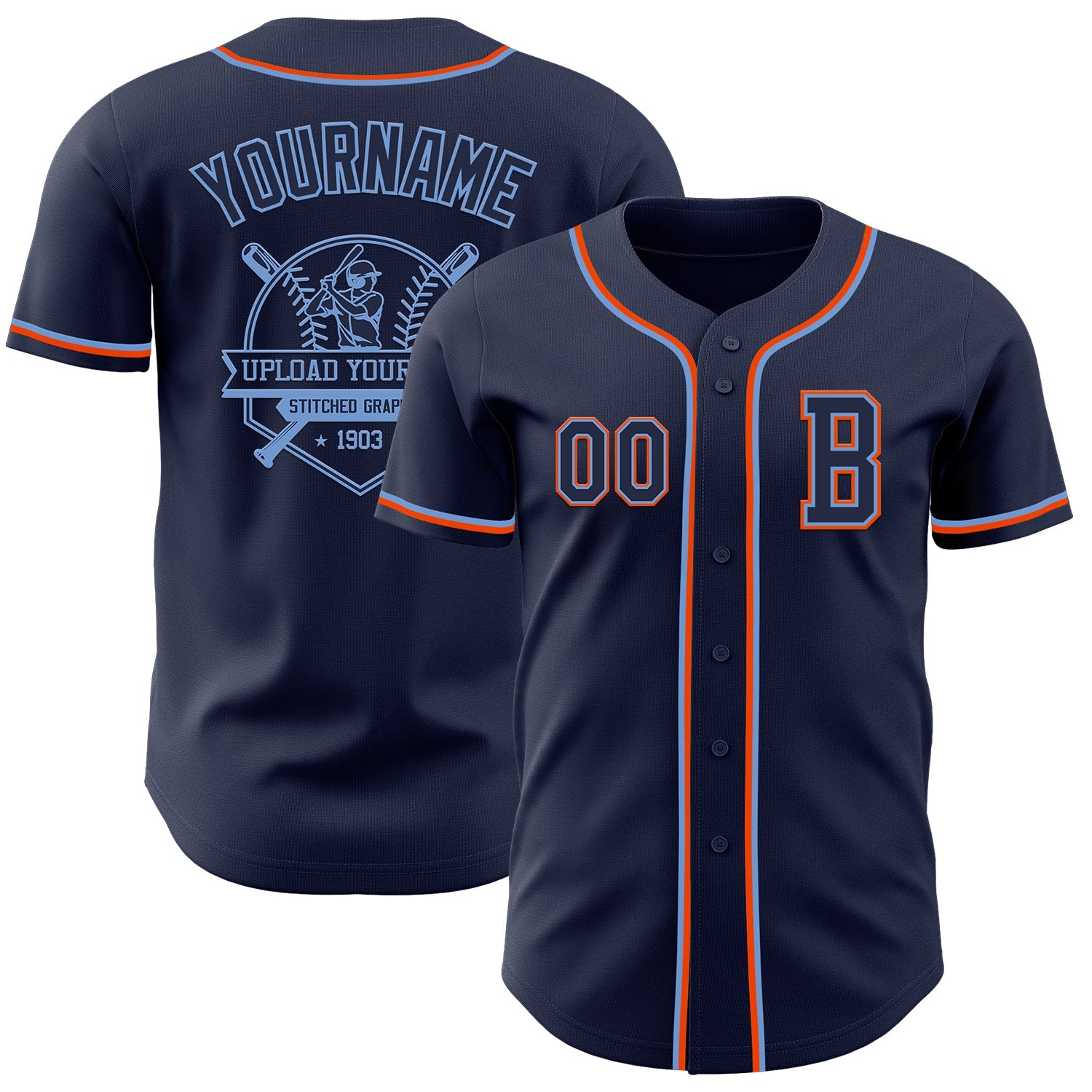 Custom Navy Powder Blue-Orange Authentic Baseball Jersey view 5