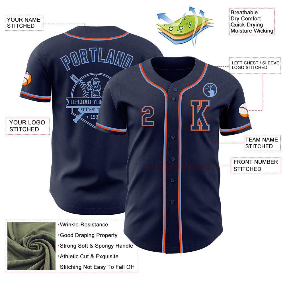 Custom Navy Powder Blue-Orange Authentic Baseball Jersey view 6