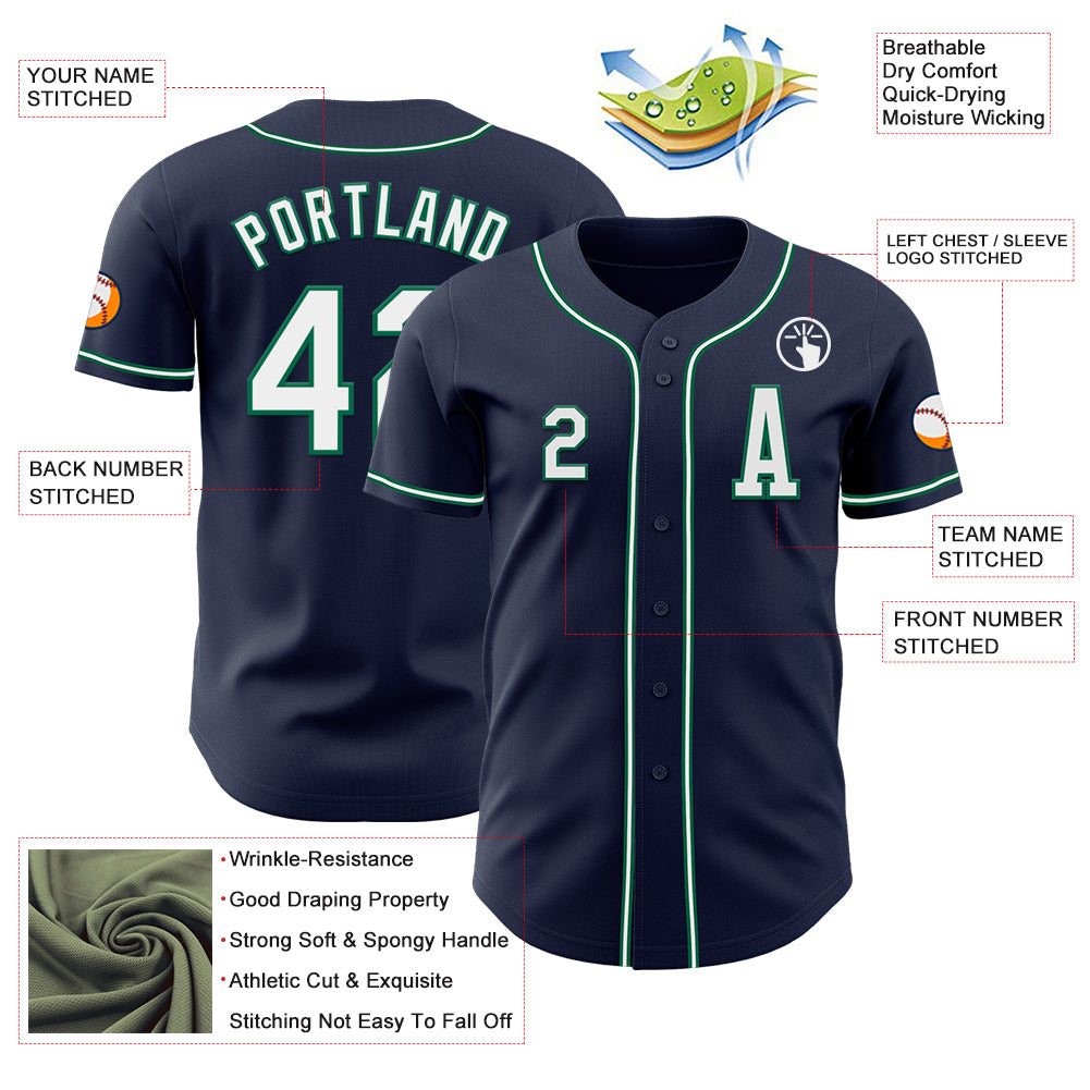Custom Navy White-Kelly Green Authentic Baseball Jersey view 2