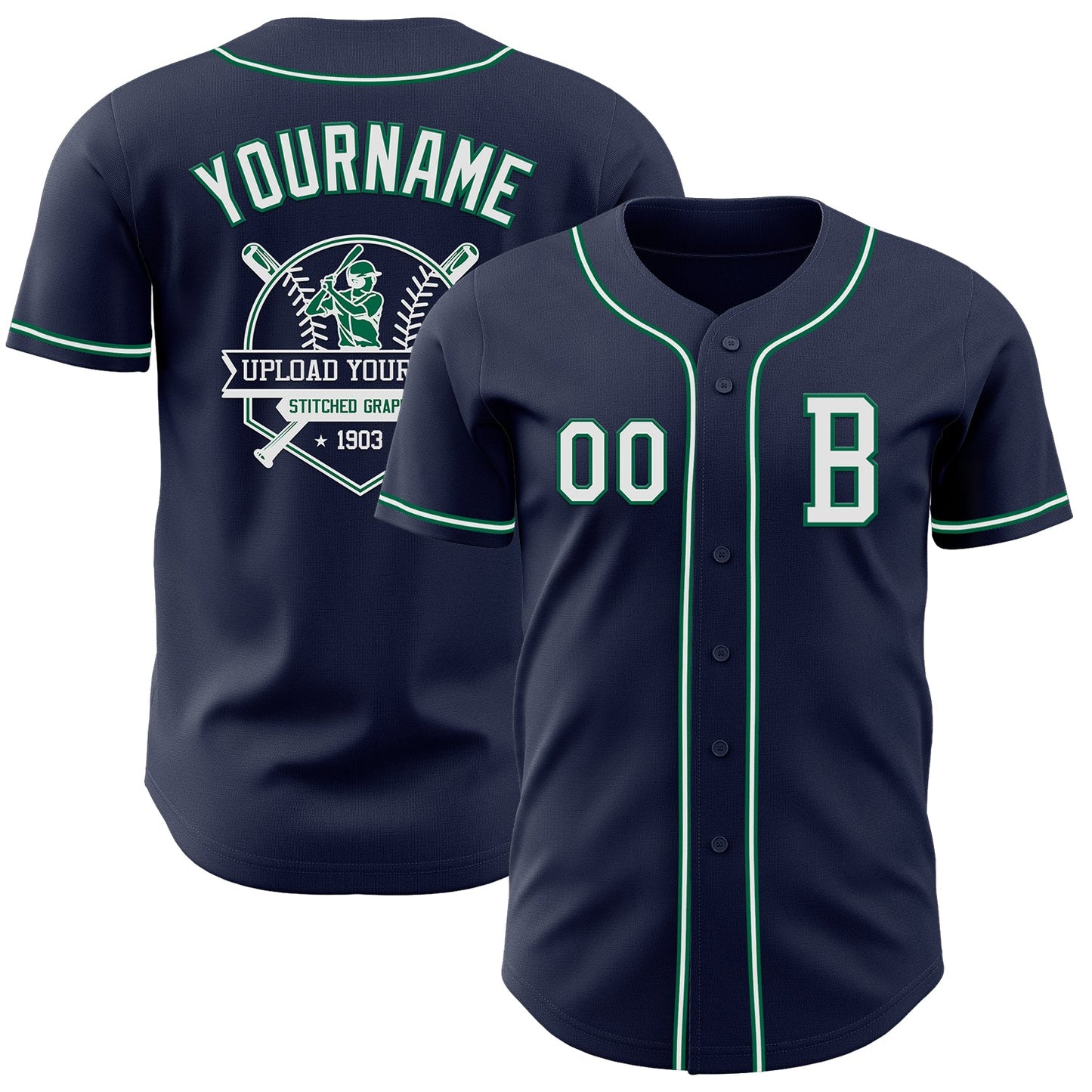 Custom Navy White-Kelly Green Authentic Baseball Jersey view 5