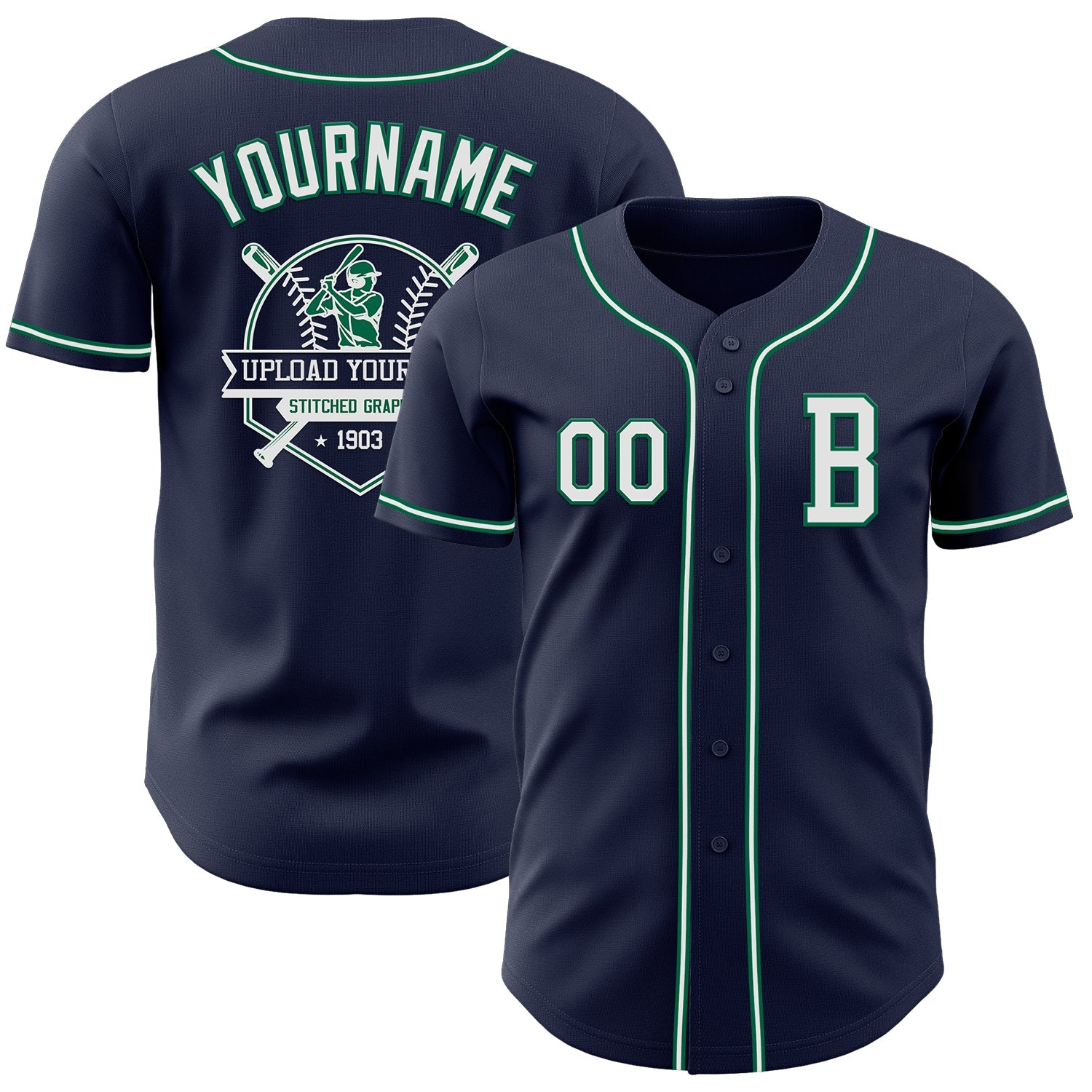 Custom Navy White-Kelly Green Authentic Baseball Jersey view 5