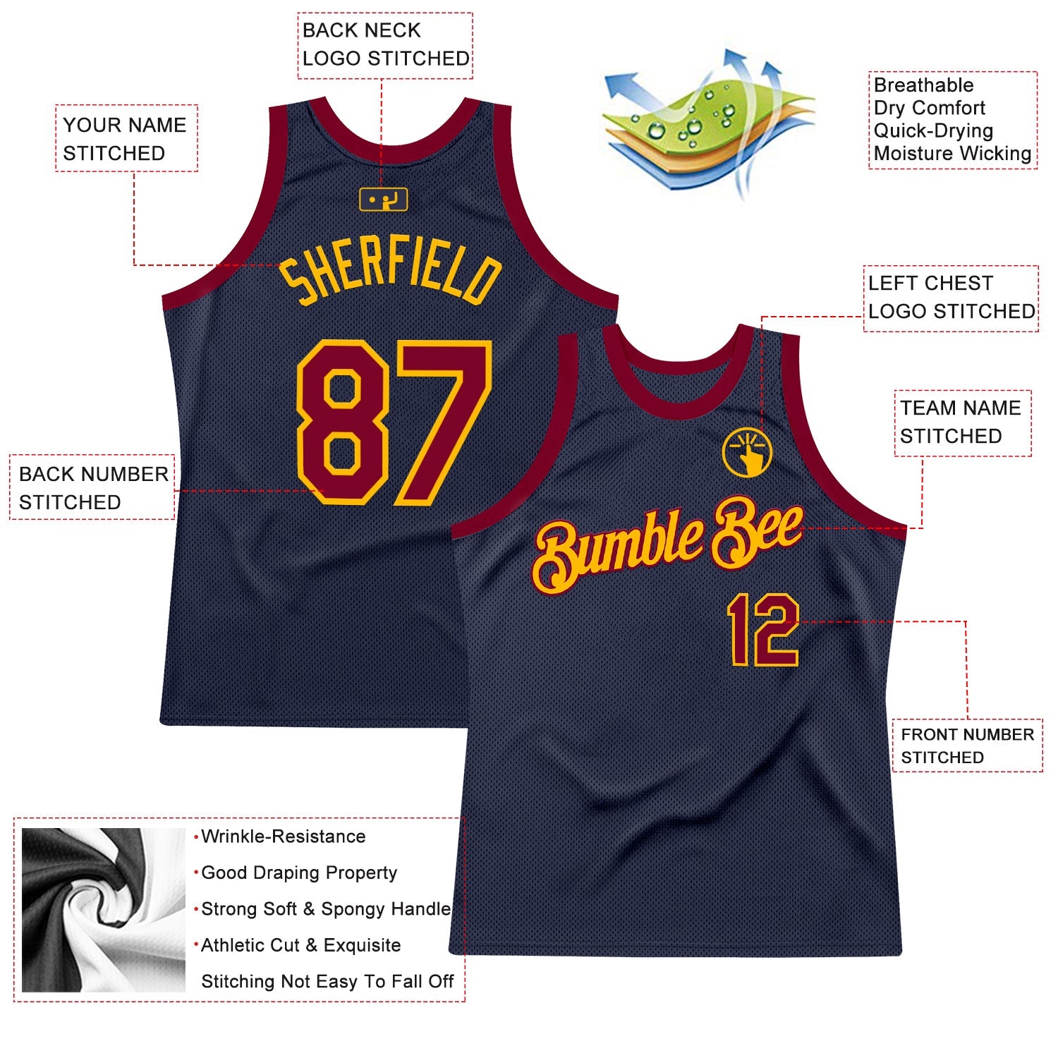 Custom Navy Maroon-Gold Authentic Throwback Basketball Jersey view 2