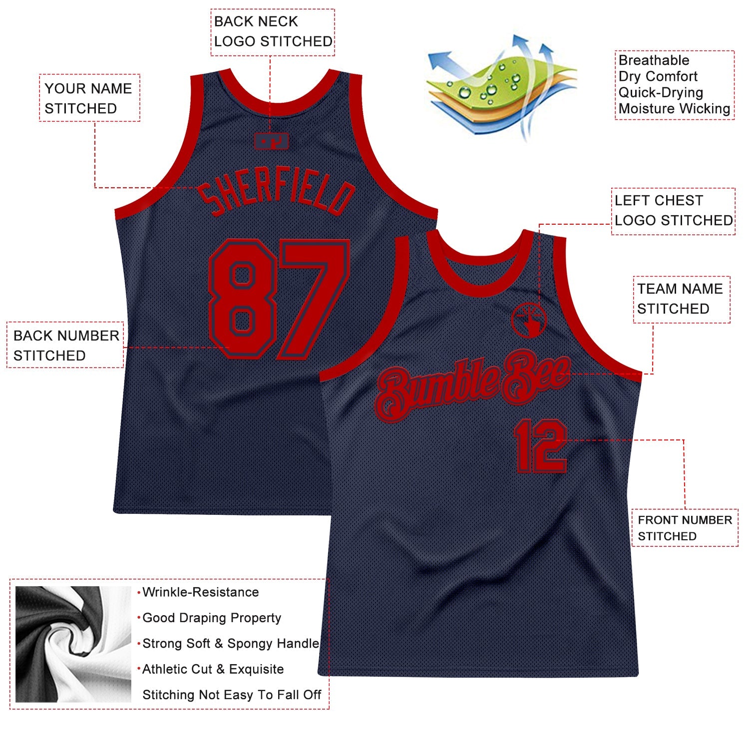 Custom Navy Red Authentic Throwback Basketball Jersey view 2