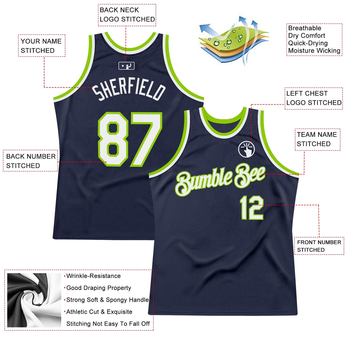 Custom Navy White-Neon Green Authentic Throwback Basketball Jersey view 2