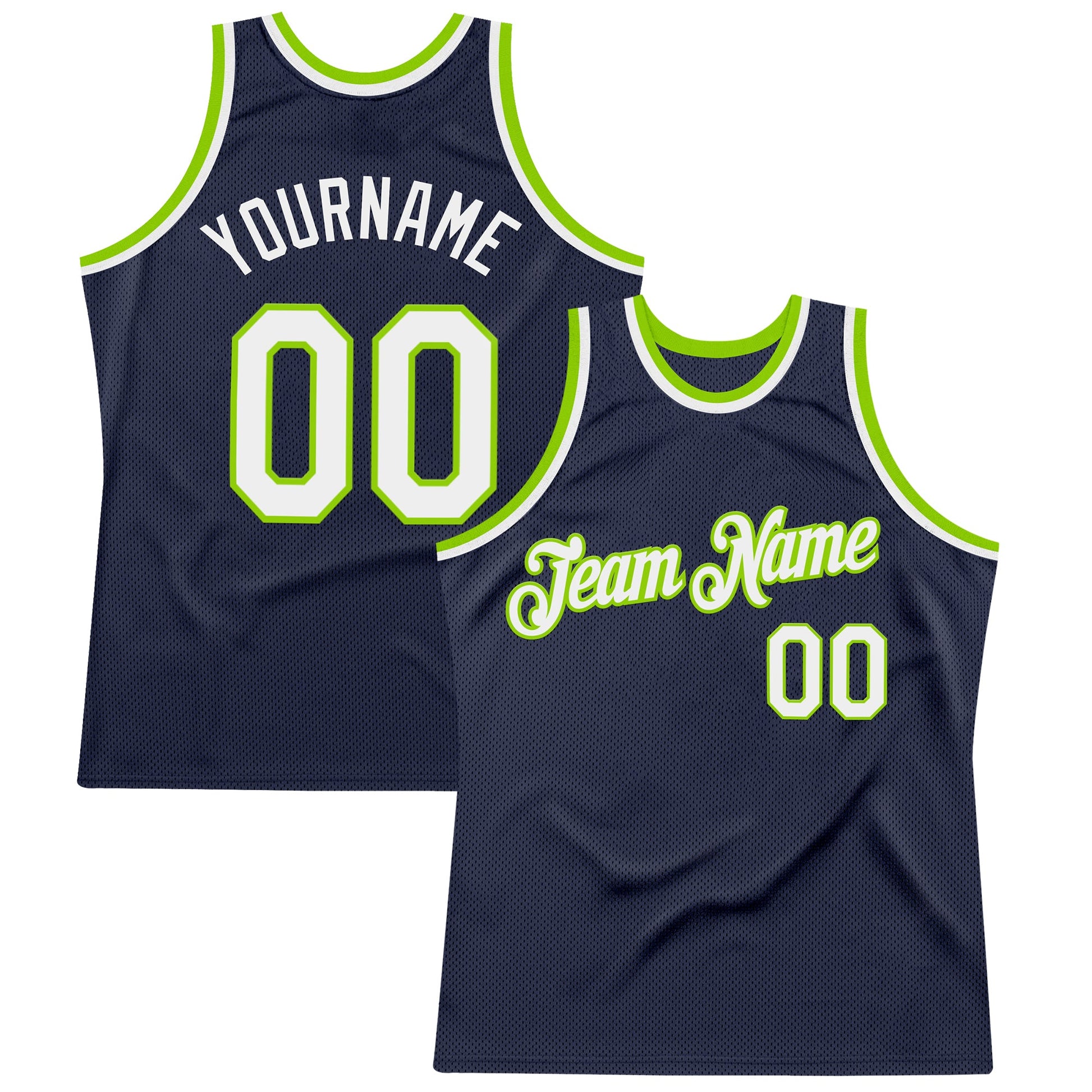 Custom Navy White-Neon Green Authentic Throwback Basketball Jersey - Main View
