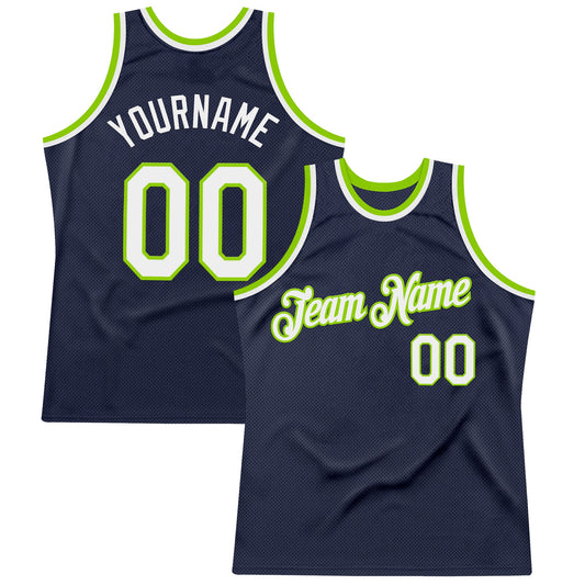 Custom Navy White-Neon Green Authentic Throwback Basketball Jersey - Main View