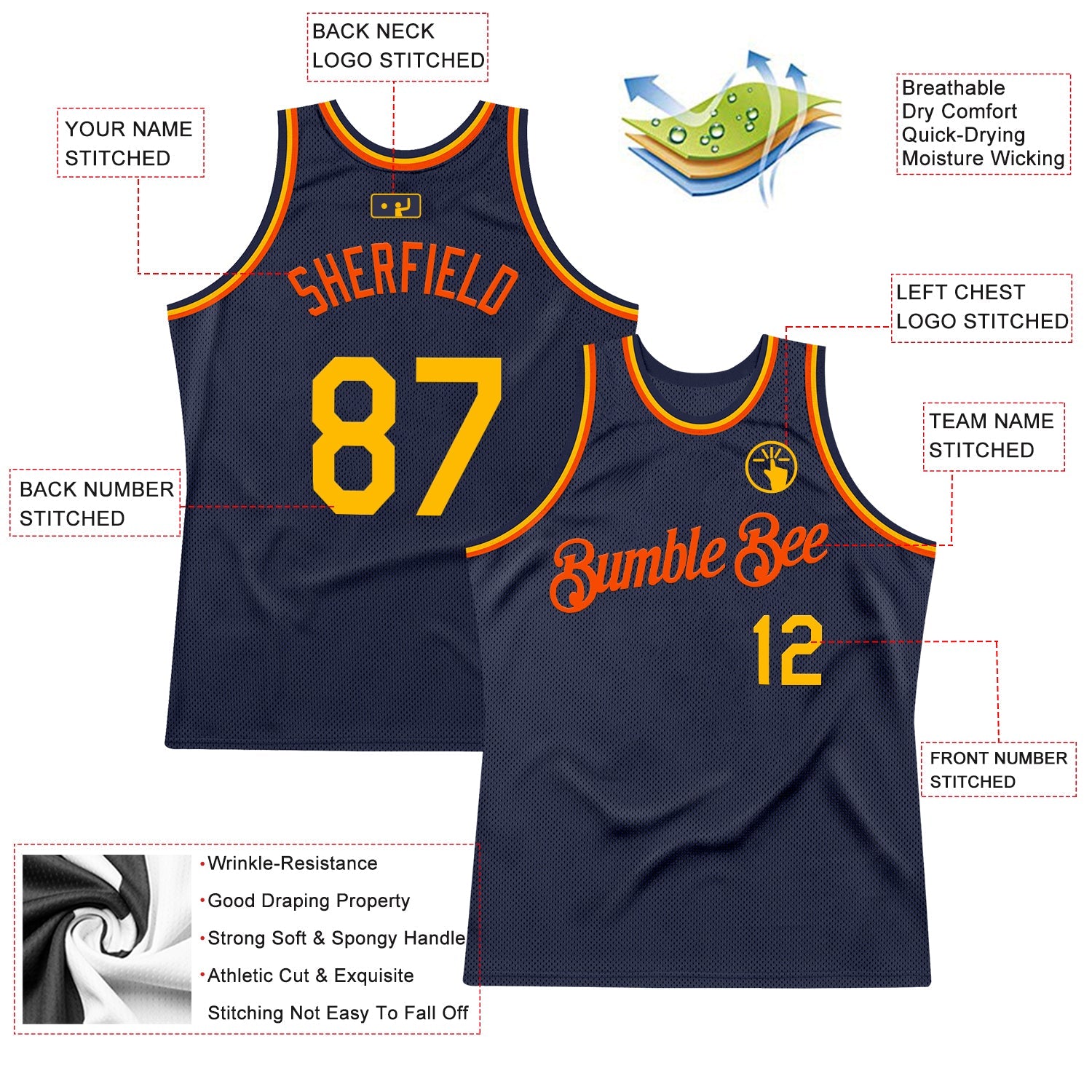 Custom Navy Gold-Orange Authentic Throwback Basketball Jersey view 2