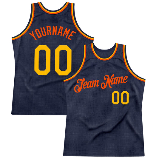Custom Navy Gold-Orange Authentic Throwback Basketball Jersey - Main View