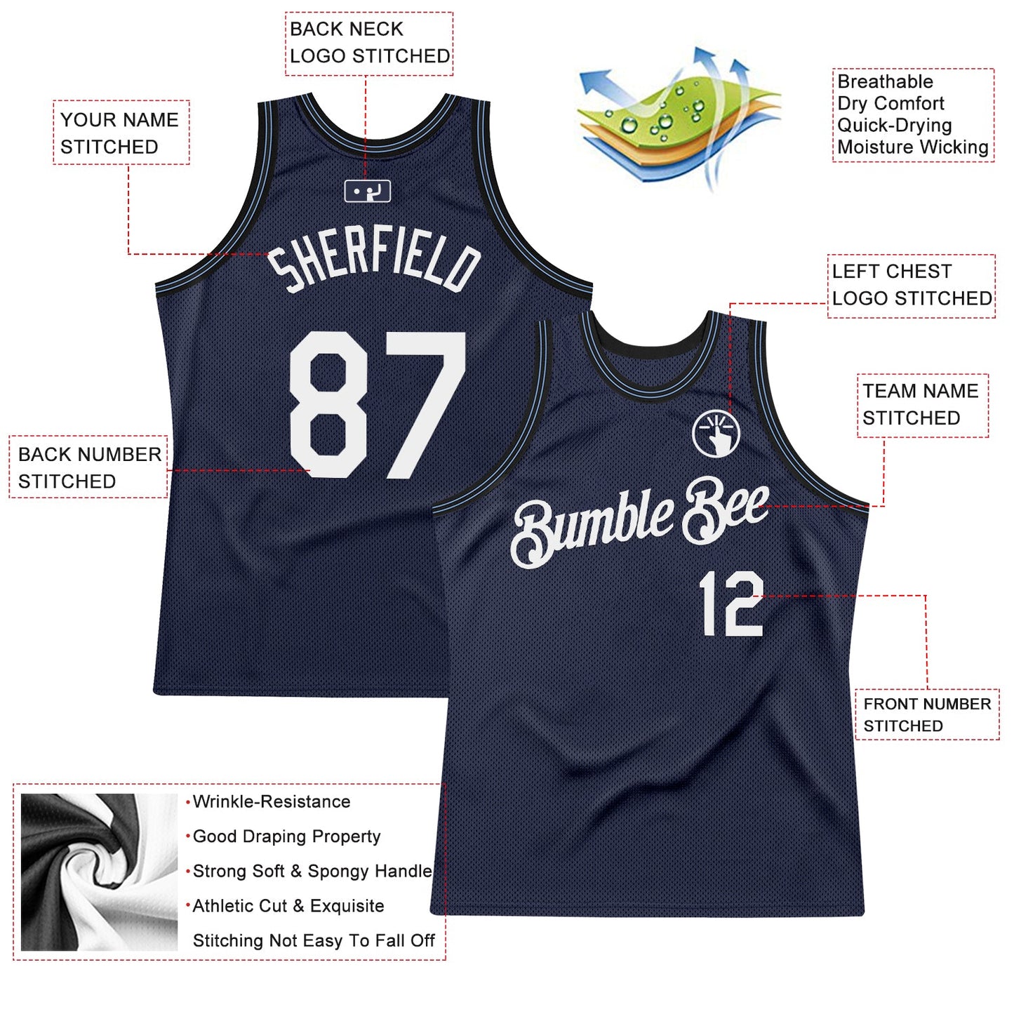 Custom Navy White Black-Light Blue Authentic Throwback Basketball Jersey view 2