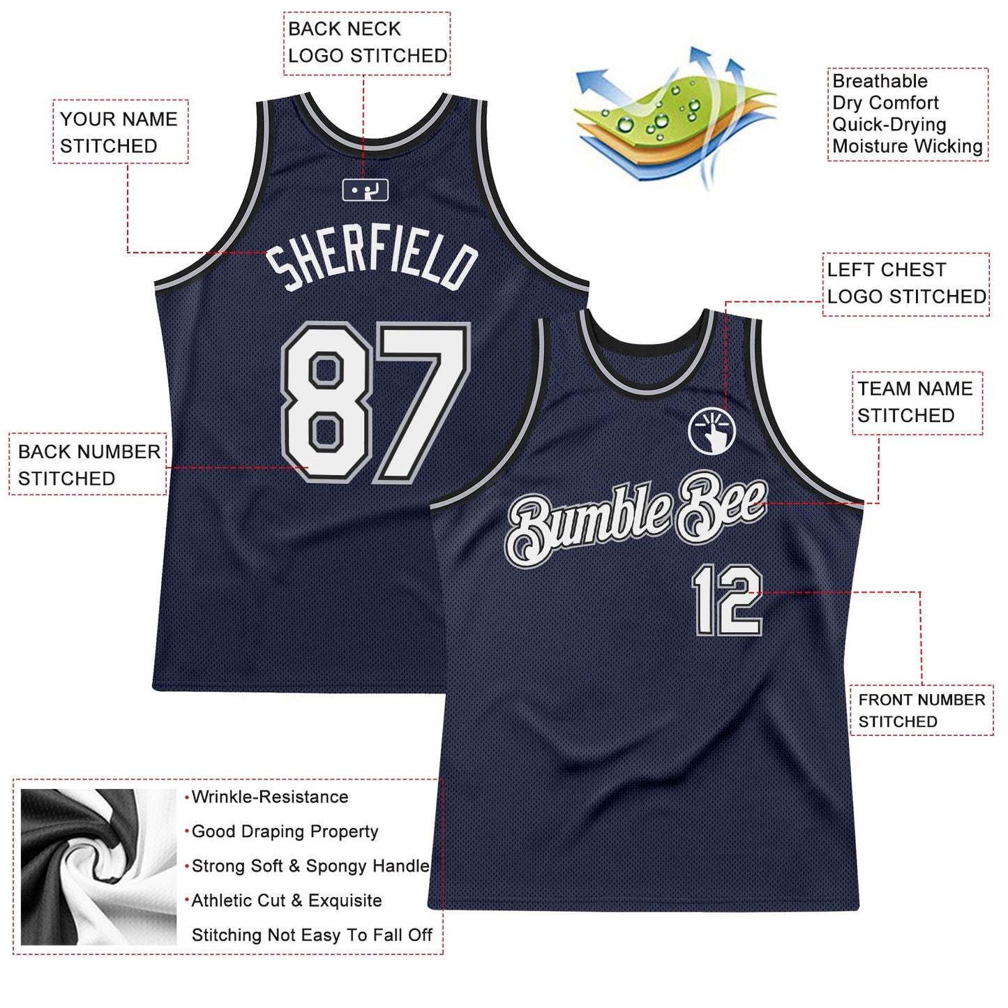 Custom Navy White Black-Gray Authentic Throwback Basketball Jersey view 2